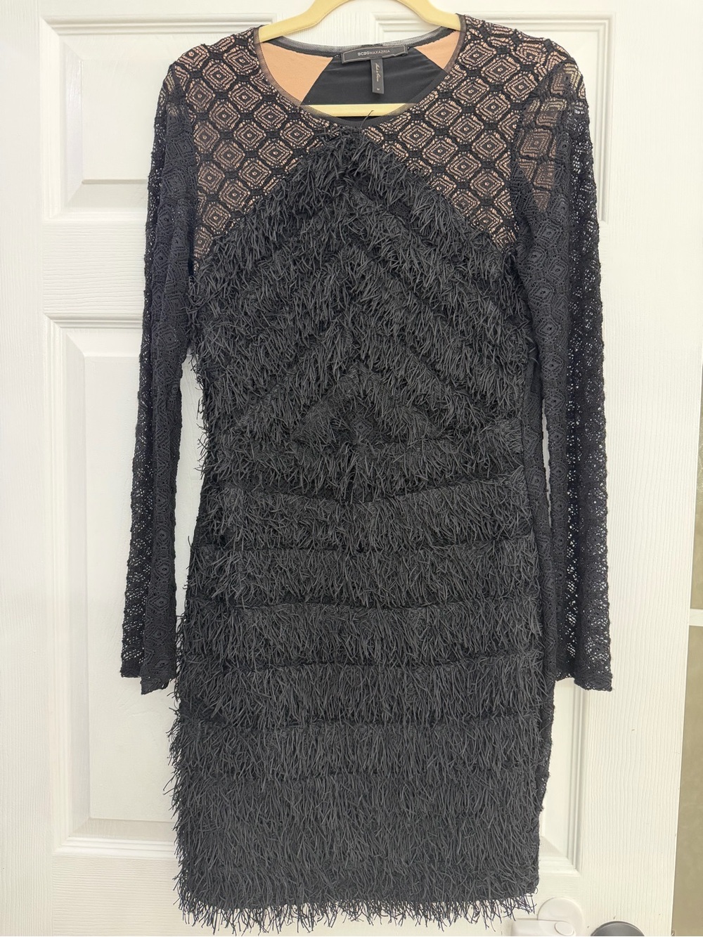 BCBGMaxAzria Black Fringe & Long Sleeve Bodycon Dress